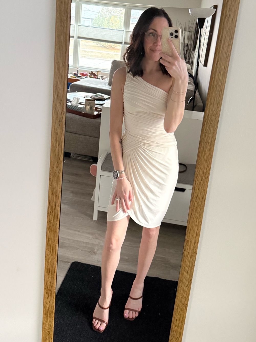 BCBGMaxAzria One-Shoulder Cream Ruched Dress - Picture 9 of 9
